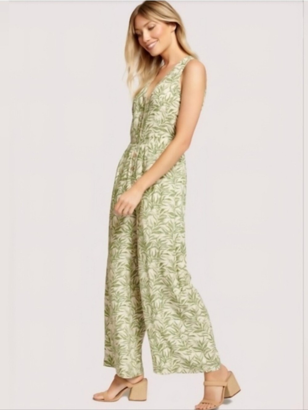 Lost + Wander Green Palm-Print Sleeveless V-Neck Wide-Leg Jumpsuit